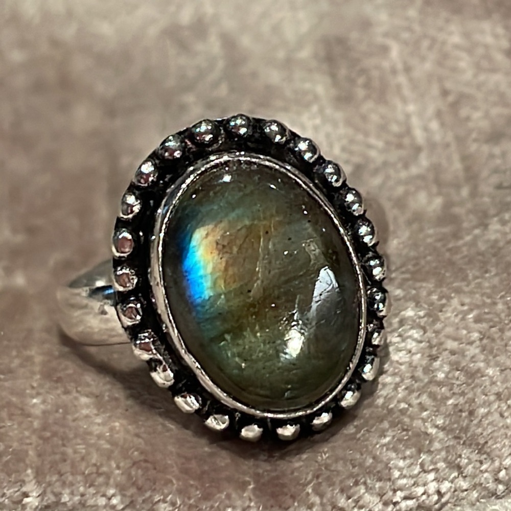 Genuine Labradorite Ring size 7.5 Oval Picture Frame Style